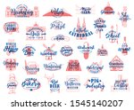 German travel lettering icons of food, drink and landmarks of Germany vector design. Oktoberfest beer, pretzel and sausage, Munich castle, Brandenburg gate, timbered house and Alps mountain icons