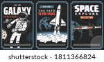 Space and galaxy explore program vector posters. Astronaut in cosmic vacuum, launching to stars shuttle spaceship, space station module flying in galaxy among planets. Aerospace science retro banners