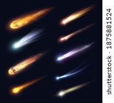 Space meteors, comets and asteroids with fire trails realistic vector design. 3d meteorite fireball and star space objects falling down with glowing gas and dust tails, galaxy and astronomy science