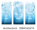 Natural clean water. Realistic transparent blue water splashes with drops and waves. Vector liquid aqua abstract background with dynamic motion and spray droplets. Hydration, fresh 3d soda drink