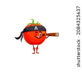 Pirate cute tomato in bandana with jolly roger looking in spyglass isolated cute farm vegetable cartoon character. Vector buccaneer veggie, funny happy emoticon, food kawaii emoji cheerful tomato hero