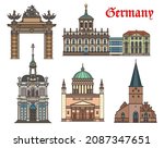 Germany churches and cathedrals, Potsdam and Bonn architecture and travel landmarks, vector. Potsdamer Stadttor or Jagertor, St. Remigius church in Bonn, Nikolaikirche in Potsdam and Kreuzbergkapelle