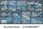 Aviation museum, flying school and air tours vintage banners. Retro aircraft show, airline delivery service, pilots club and courses posters. Propeller monoplane, biplane airplanes vector banners
