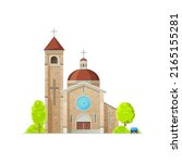 Catholic church, temple or cathedral with crosses, vector building of Christian religion architecture. Religious house with bell tower, chapel and steeple, crucifix and gothic stained glass window