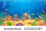 Cartoon underwater landscape, vector background for game with sea bottom, fishes, corals, plants, rock and animals. Tropical ocean floor, marine aquatic scene, undersea game level world