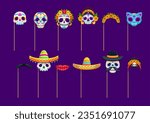 Mexican dead day photo booth masks with props. Dia de los muertos holiday sugar and animal skull, sombrero, moustaches, catrin and lips masks. Vector carnival calavera, whisker and cat head on sticks