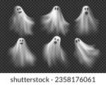 Realistic Halloween ghosts. Vector 3d scary transparent white ghost, ghoul or spirit monsters silhouettes with spooky faces. Horror holiday flying phantoms or nightmare shadows foggy figures