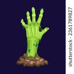 Cartoon zombie hand for Halloween, dead monster arm reaching from grave, vector corpse. Horror night holiday zombie hands with rotten green skin and bones on evil cemetery or creepy graveyard