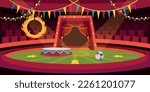 Vector illustration of a cartoon circus arena with a stage and circus ring, a ball under a tent dome with seats, garlands. Hall inside a circus tent. Carnival and circus shows.