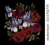 Blue irises and red roses flowers. Embroidery art. Summer floral garden background. Fashion template for clothes, t-shirt design  