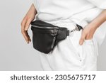 Black Leather Waist Bag on a Woman Wearing White Jeans and Shirt. Handmade Leather Accessories Goods