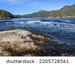 View of the Skookumchuck Narrows on the Sunshine Coast, British Columbia, Canada. Beautiful ocean view in the Pacific Northwest on a sunny day.