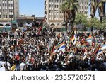 Small photo of Demonstrations in the city of As-Suwayda in Syria today, Friday, September 1, 2023, unprecedented numbers and crowds cheering for freedom and the departure of the Bashar al-Assad regime