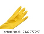 Small photo of Varna,Bulgaria, 04.03.2022 - Yellow rubber glove for cleaning on white background, workhouse concept