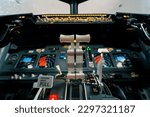 Small photo of thrust lever in the cockpit of an airplane a close-up view of a flight on aircraft simulator
