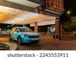 Small photo of Newcastle upon Tyne, UK. December 29th, 2022. A car outside the 'Daft As a Brush' cancer patient transport charity's building, lit up for Christmas 2022 in Gosforth, Newcastle upon Tyne, UK.