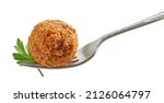 Small photo of fried organic falafel ball on fork isolated on white background, halafel