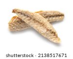 Small photo of canned mackerel fillets isolated on white background, top view