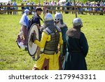 Small photo of Ulyanovsk, Russia - July 16, 2022: historical Festival (The Great Volga Way). Historical reconstruction. Ancient people. Middle Ages. Reconstruction of ancient battles and everyday life.