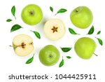green apples decorated with leaves isolated on white background top view. Set or collection. Flat lay pattern