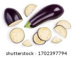 Eggplant or aubergine with slices isolated on white background. Clipping path and full depth of field. top, view, flat lay