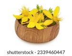 Small photo of saint john's wort or Hypericum flowers in wooden bowl isolated on white background