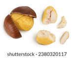 Small photo of roasted peeled chestnut isolated on white background wit full depth of field. Top view. Flat lay
