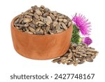 Small photo of Seeds of a milk thistle or Silybum marianum, Scotch Thistle, Marian thistle in wooden bowl with flower isolated on white background