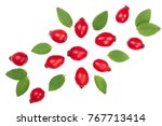 rosehip berries isolated on white background. Flat lay pattern. Top view