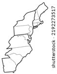Thirteen colonies outline map. Black and white line illustration of the original 13 colonies
