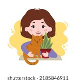 Smiling Girl With Cat And Plant ...