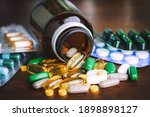 Drug prescription for treatment medication. Pharmaceutical medicament, cure in container for health. Pharmacy theme, capsule pills with medicine antibiotic in packages.