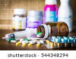 Drug prescription for treatment medication. Pharmaceutical medicament, cure in container for health. Pharmacy theme, capsule pills with medicine antibiotic in packages. 