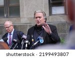 Small photo of NEW YORK, NYUSA - September 8, 2022: Steve Bannon, former adviser to Donald Trump, center, during a press conference outside of Manhattan State Supreme Court