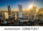 Small photo of Warsaw, Poland - 10 August 2023: Amazing Panoramic View Of Business Center Of Warsaw With High City Skippers And Trade Buildings, View From High At Sunset