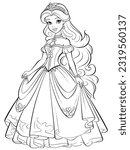 Vector illustration, cute princess, cartoon concept. Princess line art coloring book page isolated. 