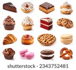 Various of sweets and desserts set and collection. chocolate cake, cupcakes, red velvet cake, apple pie, macarons, pretzel, donut, pastries, muffin, cookies, croissant. Bakery sweets isolated on white