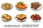 Small photo of Assorted European traditional cuisine, Food set isolated. schnitzel, pierogi, moussaka, cevapi, pastel de nata. Different food dishes from many countries, isolated on white background.