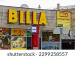 Small photo of Praha, Czechia - May 1 2023: Billa grocery store at the transportation hub in Florenc behind tram stop pole. Austrian grocery store chain company.