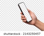 Small photo of Hand holding smartphone phone with blank screen and modern frameless design, hold Mobile phone on transparent background Ideal for marketing, app design, UI and UX - include clipping path.