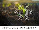 Small photo of Maize seedling in cultivated agricultural field with graphic concepts modern agricultural technology, digital farm, smart farming innovation, IOT