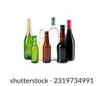 Small photo of Alcoholic beverages, bottles. Martini, Vodka, beer, wine, champagne, liquor. Collection of bottles isolated on white background. Studio photography.
