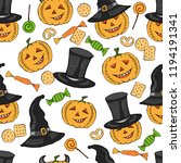 yellow pumpkins in black hats ... | Shutterstock .eps vector #1194191341