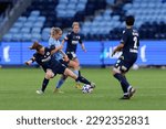 Small photo of Beattie Goad of Victory competes for the ball with Mackenzie Hawkesby of Sydney during the match between Sydney and Victory at Allianz Stadium on April 22, 2023 in Sydney, Australia