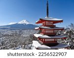 Mt Fuji view from Arakurayama Sengen Park in the snow, Fujiyoshida, Yamanashi prefecture, Japan, February 2022