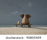 Elephant And Dog Sit On A Beach