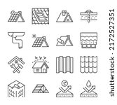 Roof icons set. Construction and roofing repair of the roof of the house. Property and characteristics of different types of roofs. Layers of materials, tools, linear icon. Line with editable stroke