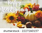 Happy Thanksgiving greeting card. Happy Thanksgiving text onpumpkins, flowers, berries, nuts composition on rustic wooden table against window. Handwritten lettering