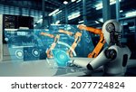 Small photo of Mechanized industry robot and robotic arms for assembly in factory production . Concept of artificial intelligence for industrial revolution and automation manufacturing process .