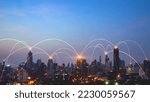 Small photo of Smart digital city with connection network reciprocity over the cityscape . Concept of future smart wireless digital city and social media networking systems that connects people within the city .